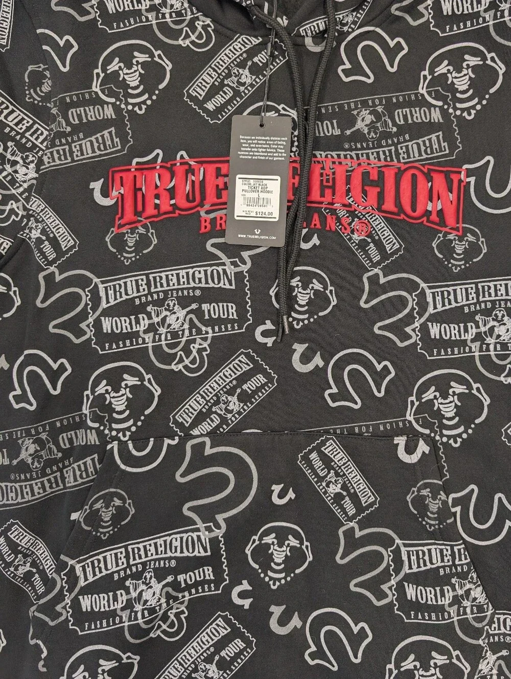 True Religion Men’s Black Hoodie with All-Over Logo Print